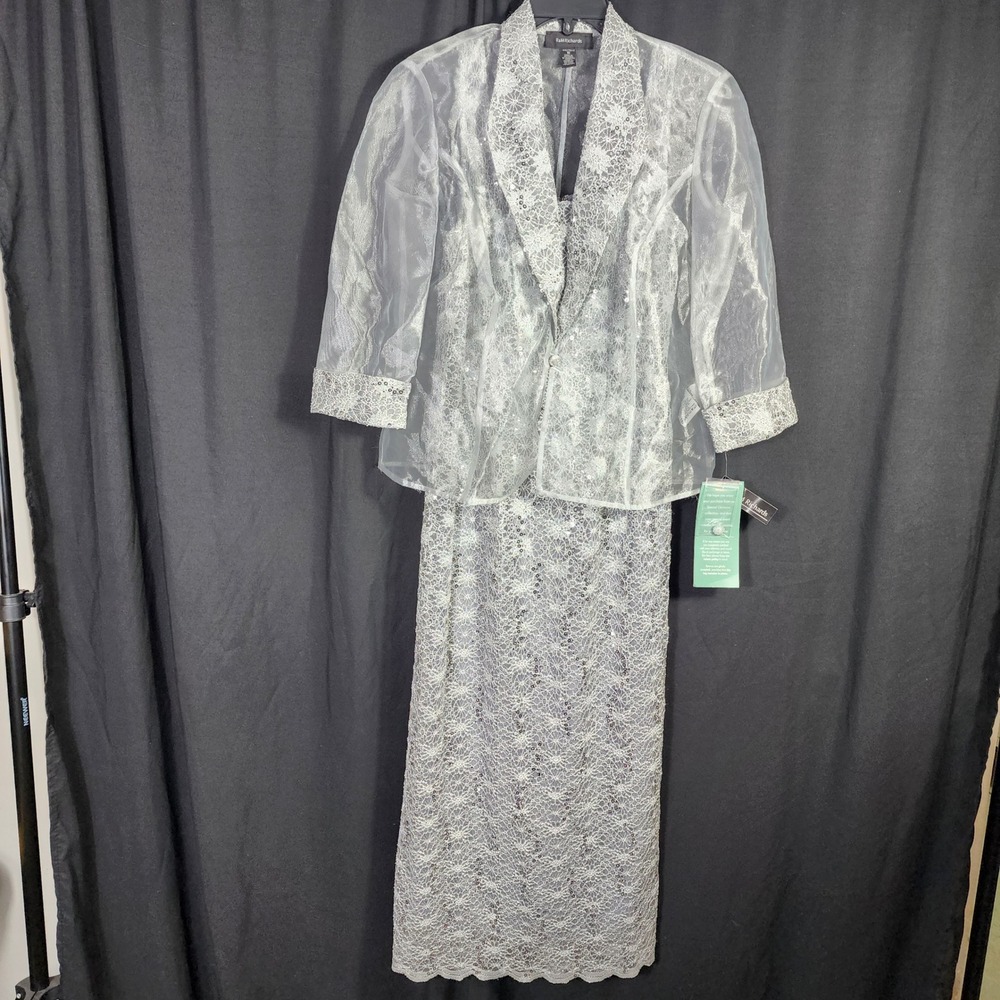 Womens 2pc Silver Sequin Lace Dress and Jacket Set Size 10 Wedding Fairy Gala